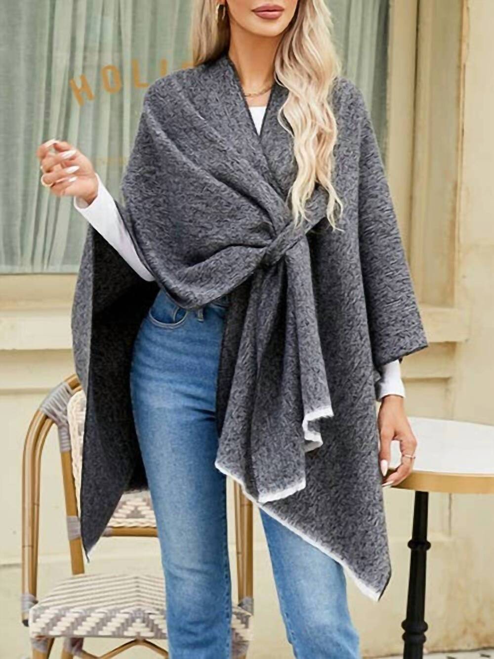 NEW ROSA CLOTHING asymmetrical plain chilly ruana wrap in black